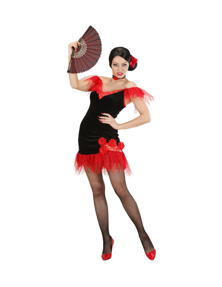 Déguisement danseuse Espagnole femme (rouge ou noir, robe et collier avec rose)