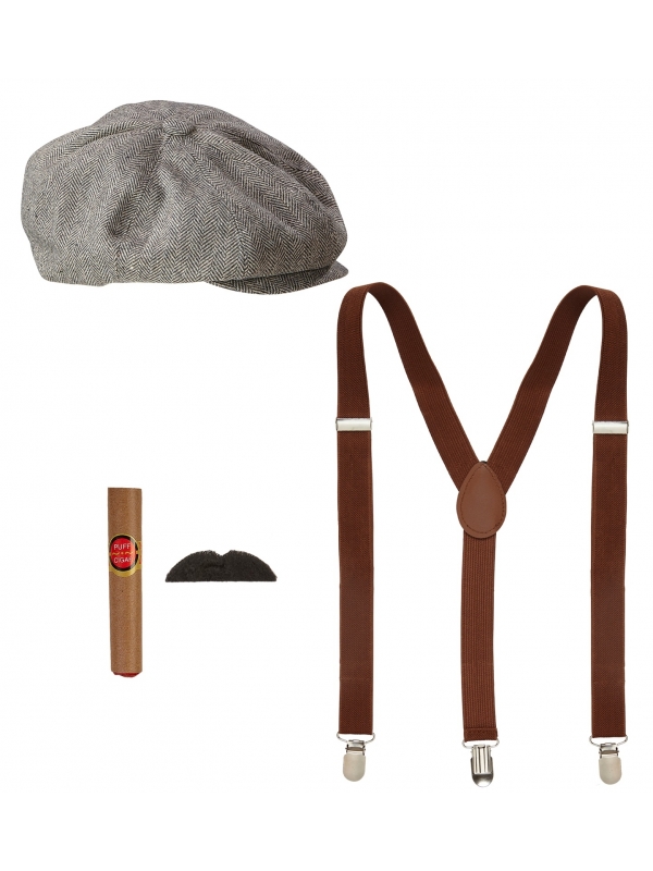 Set années 20 homme (casquette, bretelles, moustache, cigare)