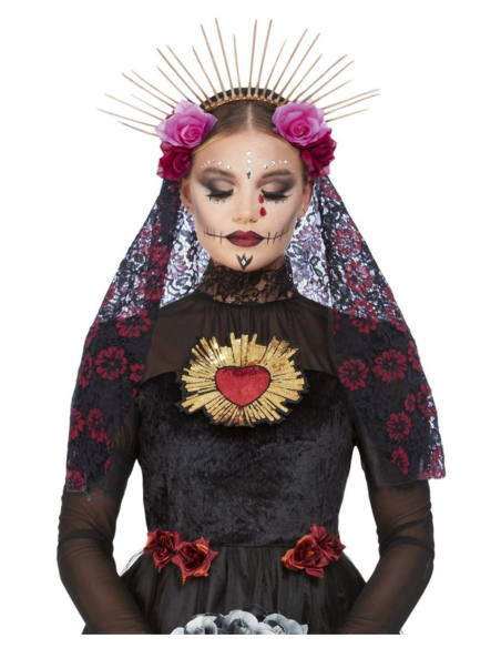 Serre-tête deluxe jour des morts femme avec voile et roses