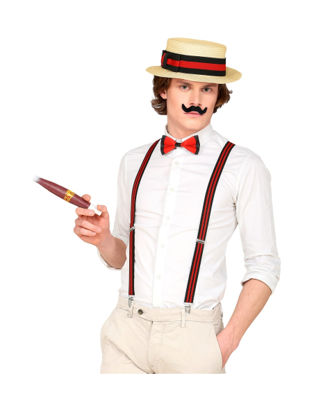 Set années 20 homme (canotier, cigare, bretelles, nœud-pap et moustache