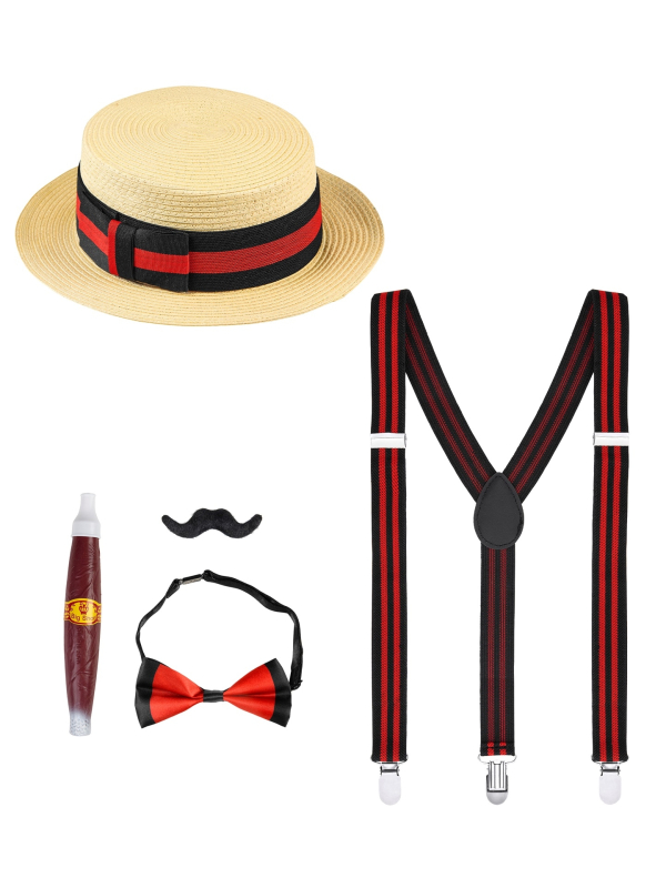 Set années 20 homme (canotier, cigare, bretelles, nœud-pap et moustache