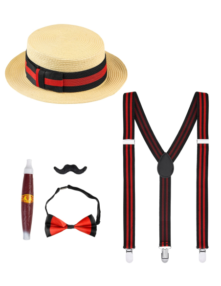 Set années 20 homme (canotier, cigare, bretelles, nœud-pap et moustache