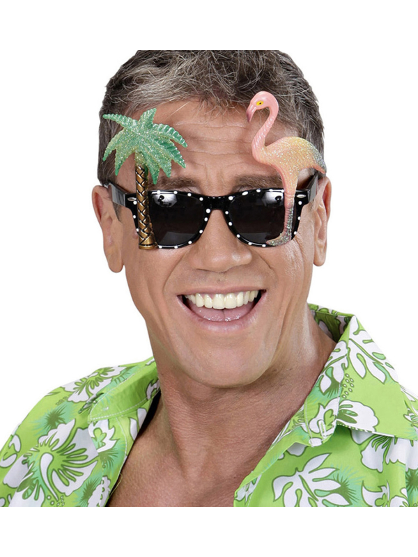 Lunettes fantaisies tropicales avec flamand rose et palmier