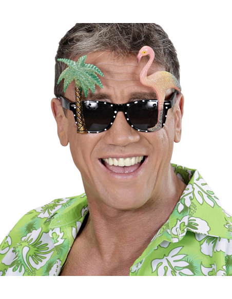 Lunettes fantaisies tropicales avec flamand rose et palmier