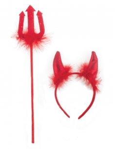 Set diable rouge avec serre-tête cornes et fourche