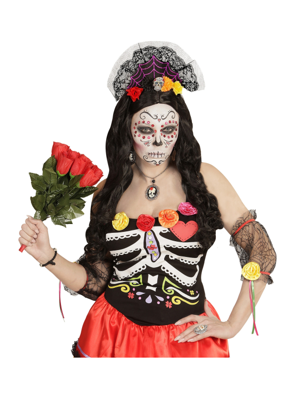 Coiffe jour des morts avec dentelle et fleurs