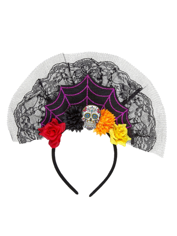 Coiffe jour des morts avec dentelle et fleurs