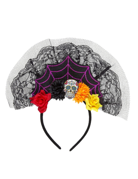 Coiffe jour des morts avec dentelle et fleurs