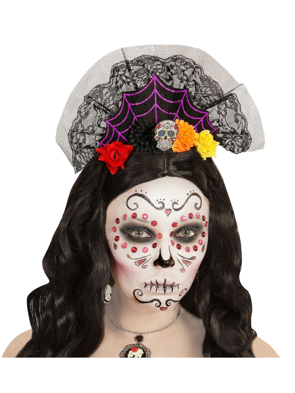 Coiffe jour des morts avec dentelle et fleurs