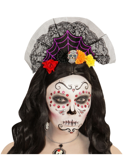 Coiffe jour des morts avec dentelle et fleurs