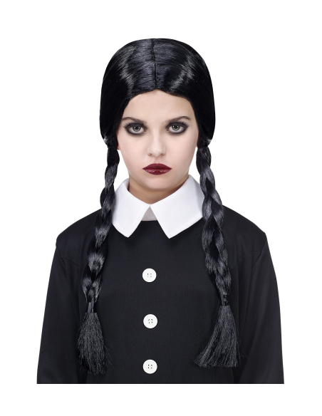 Perruque Mercredi Addams Avec Main - Cosplay, Halloween, Carnaval (Noire, Tresse, Résistante Chaleur)