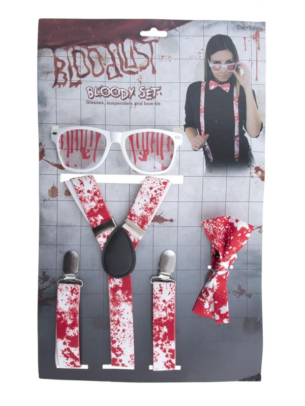 Set Halloween ensanglanté (bretelles, nœud-papillon et lunettes)
