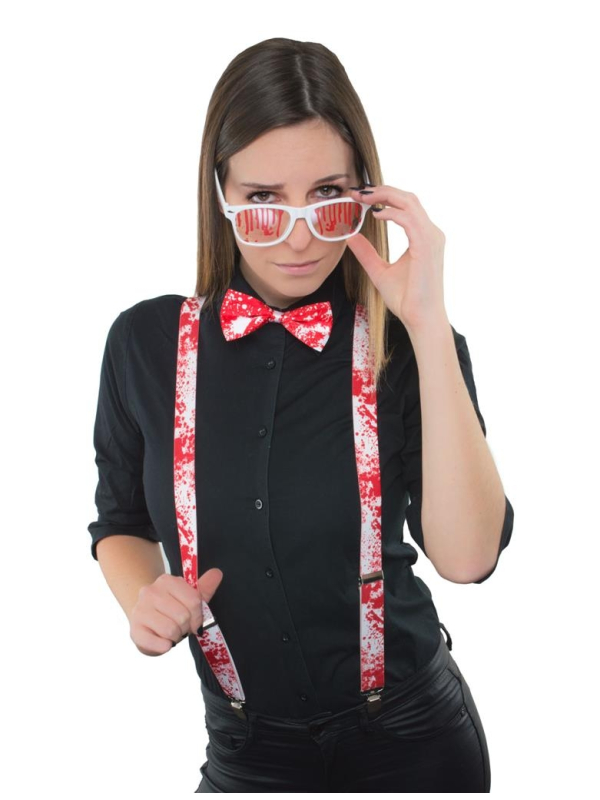 Set Halloween ensanglanté (bretelles, nœud-papillon et lunettes)
