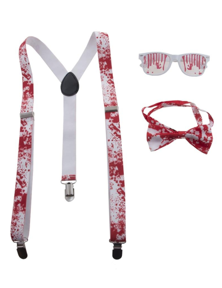 Set Halloween ensanglanté (bretelles, nœud-papillon et lunettes)