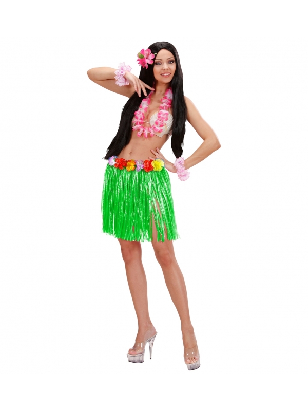 Jupe Hawaïenne femme verte avec fleurs (45cm)