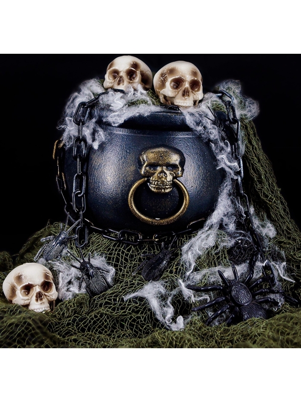 Set décoration Halloween (chaudron, crânes, toile d'araignée, filet, chaines)