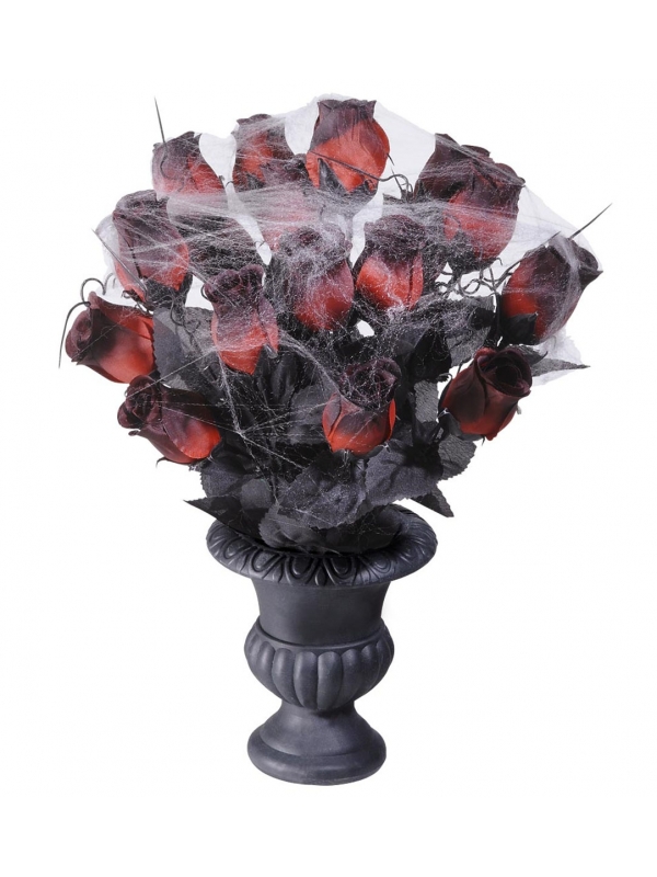 Vase Halloween avec roses rouges et toile d'araignées