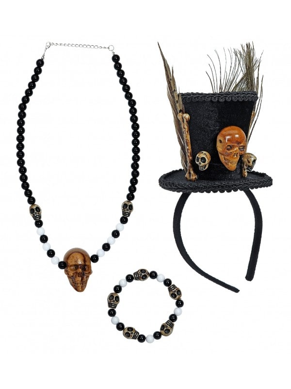 Set Vaudou avec chapeau, collier et bracelet squelette