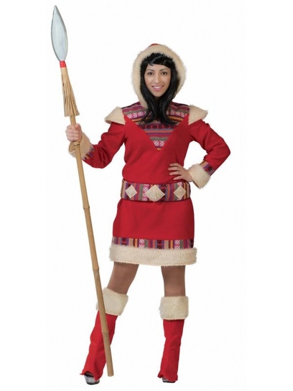 Déguisement Esquimau femme rouge - motifs ethniques et fausse fourrure