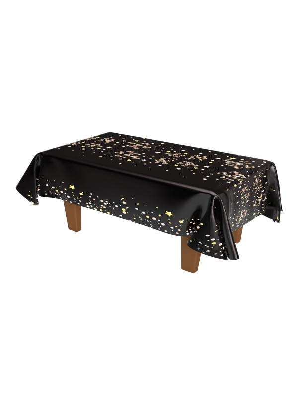 Nappe pvc anniversaire noire, motifs dorés - 270 x 136 cm