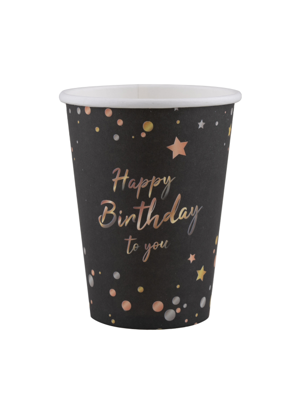 Gobelets anniversaire noir, motifs dorés