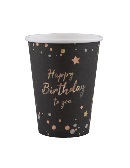 Gobelets anniversaire noir, motifs dorés