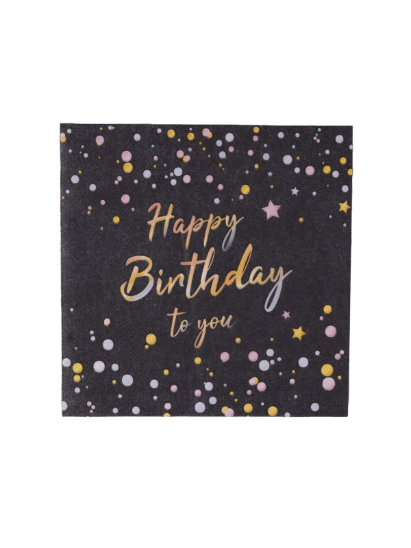 Serviettes en papier anniversaire noir, motifs dorés