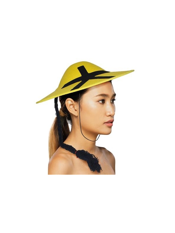 Chapeau Chinois jaune et noir avec tresse