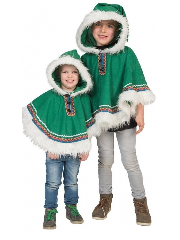Poncho inuit vert avec capuche et fourrure blanche - Bébé
