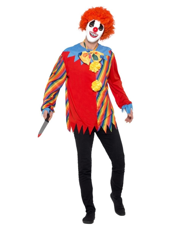 Kit clown effrayant adulte, rouge (haut, noeud papillon et masque)