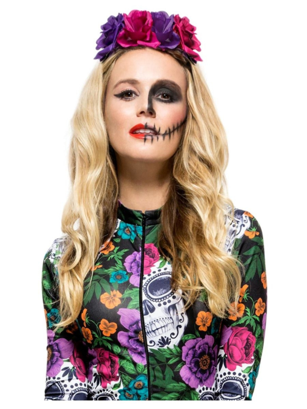 Serre-tête Fleurs Rouge Dia De Los Muertos - Accessoire Déguisement Adulte, Taille Unique, En Polyester Et Plastique