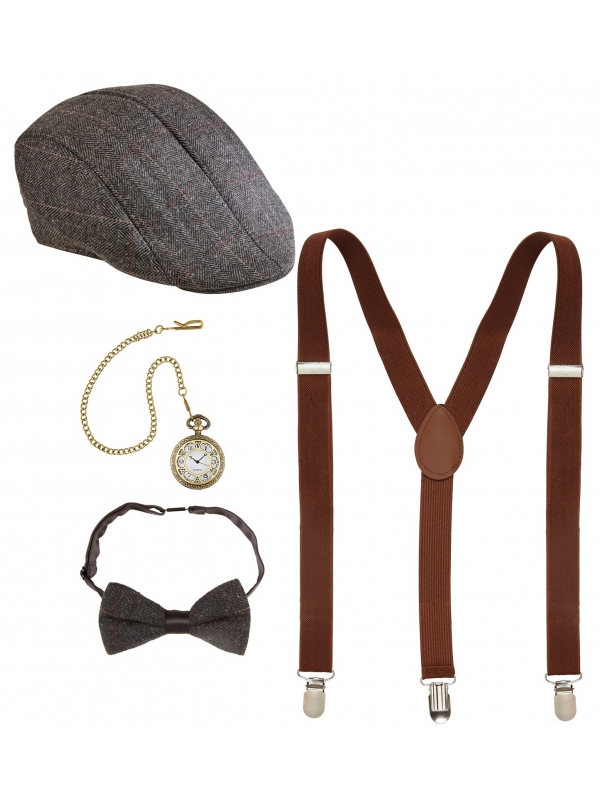 Set années 20 homme (casquette, montre gousset, bretelles & noeud-pap)