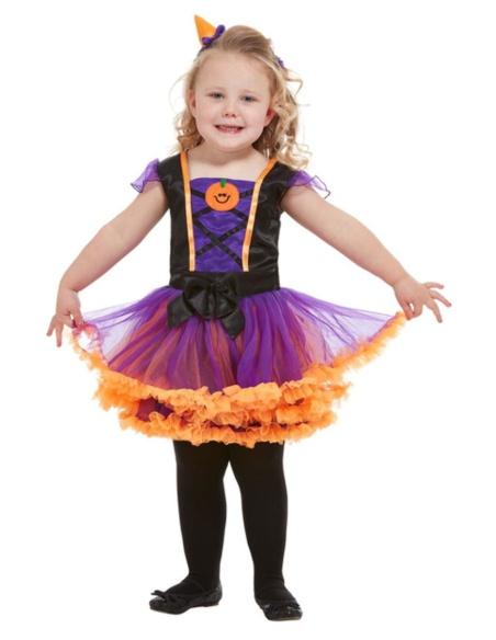 Déguisement Sorcière - Citrouille fillette 1 à 4 ans (robe tutu orange et bandeau)