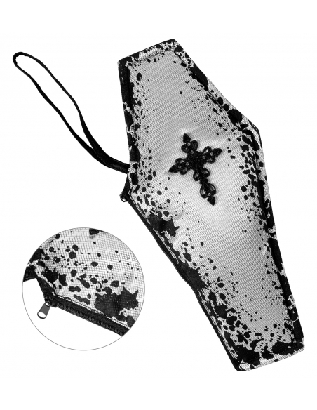 Sac à main femme, cercueil avec croix et strass argent et noir