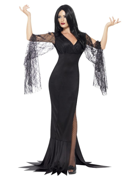Robe Longue Gothique Morticia Addams Pour Halloween - Col V, Manches Araignée, Polyester/élasthanne, Tailles S à XL