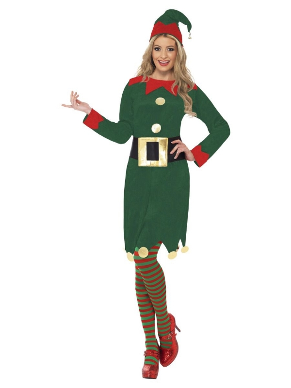 Déguisement Elfe femme rouge et vert (robe, bonnet et ceinture)
