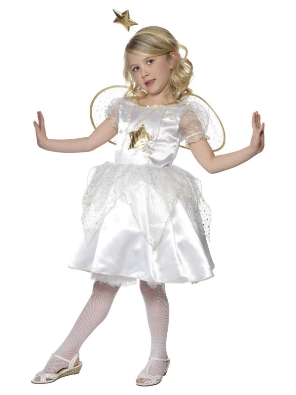 Déguisement ange fillette blanc et or (robe, serre-tête et aile)