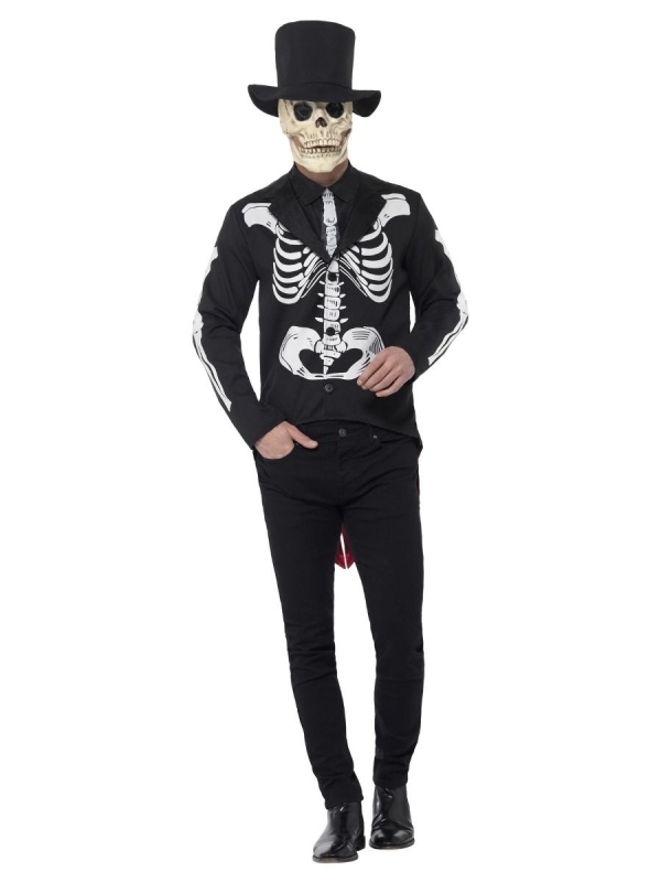 Déguisement Squelette  Senor Jour des Morts Homme (veste, fausse chemise, cravate, chapeau, masque latex)