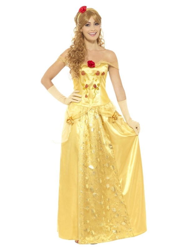 Déguisement princesse femme dorée (robe longue, gants et bandeau)