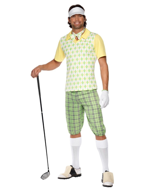 Déguisement joueur de golf vert et jaune (haut, pantacourt & la visière)