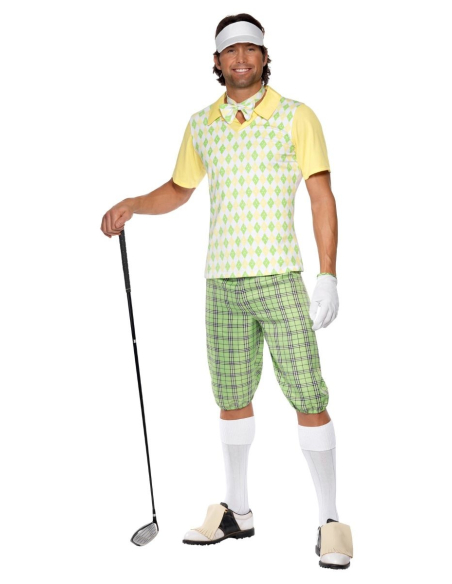 Déguisement joueur de golf vert et jaune (haut, pantacourt & la visière)