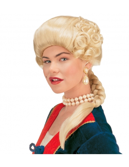 Perruque duchesse blonde avec boucles et longue tresse