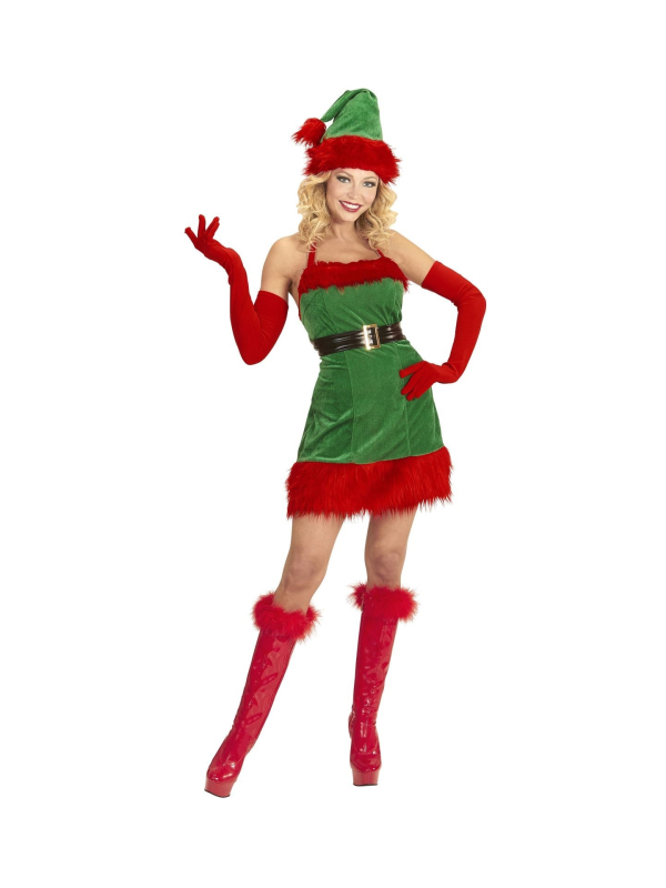 Déguisement femme assistante du père noël, rouge et vert (robe, ceinture, chapeau)
