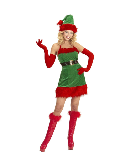 Déguisement femme assistante du père noël, rouge et vert (robe, ceinture, chapeau)