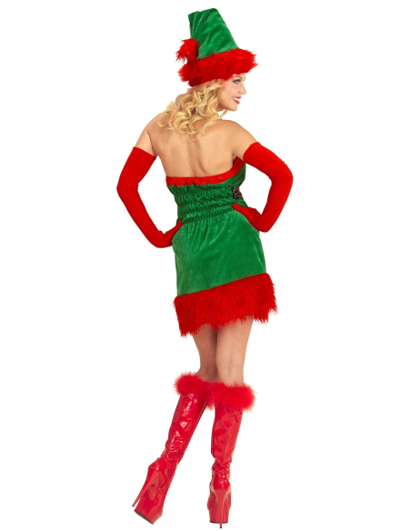 Déguisement femme assistante du père noël, rouge et vert (robe, ceinture, chapeau)