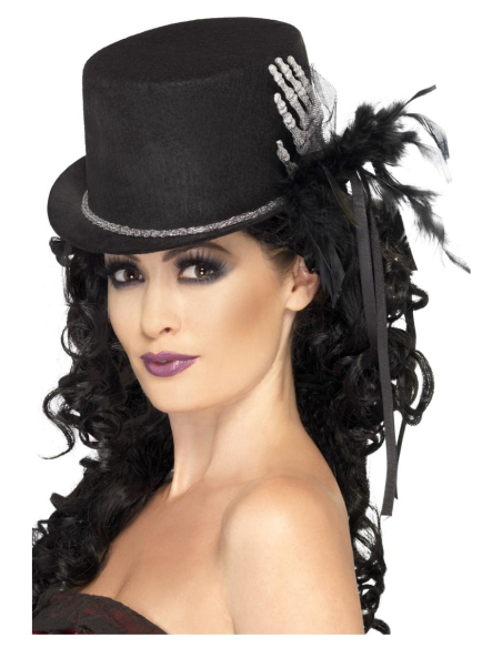 Haut-de-forme squelette femme noir avec plumes