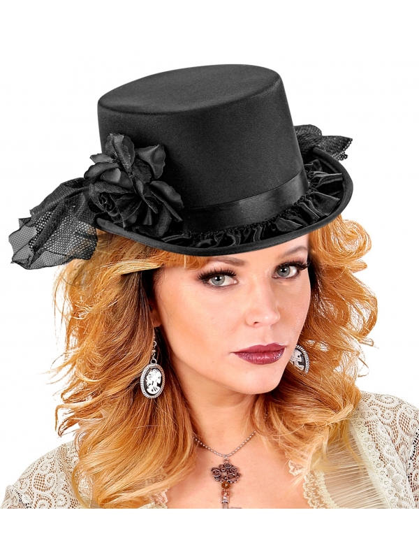 Chapeau haut de forme femme avec voile et rose