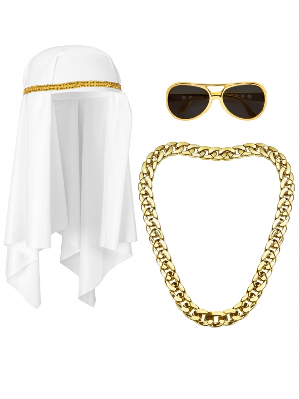Set Sheikh Arabe avec coiffe, lunettes et chaine en or