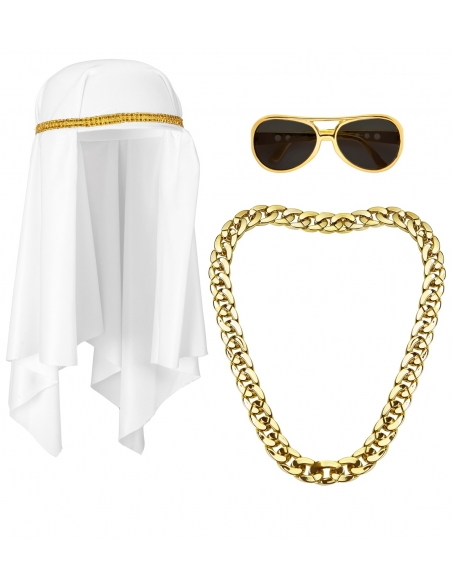 Set Sheikh Arabe avec coiffe, lunettes et chaine en or