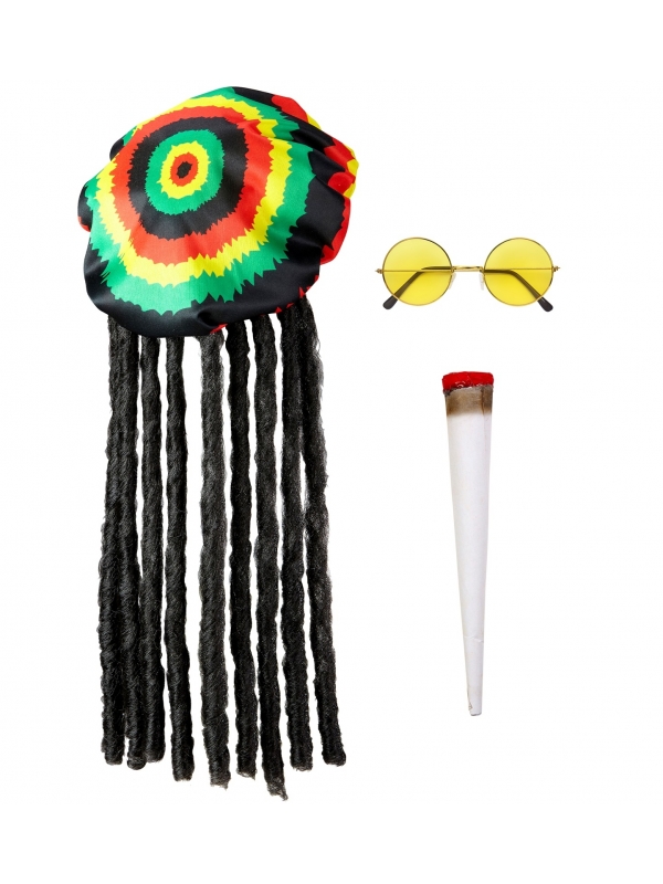 Set Rasta avec bonnet et dreadlocks, lunettes et grand joint
